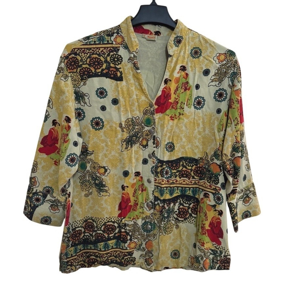 Tianello Button Down Top 3/4 Sleeve Women's Small Floral Geisha Oversized USA